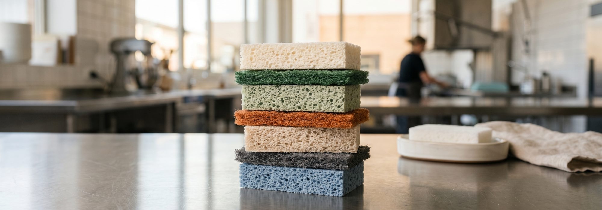 Stacked professional scouring pads and scrub sponges on a clean stainless surface