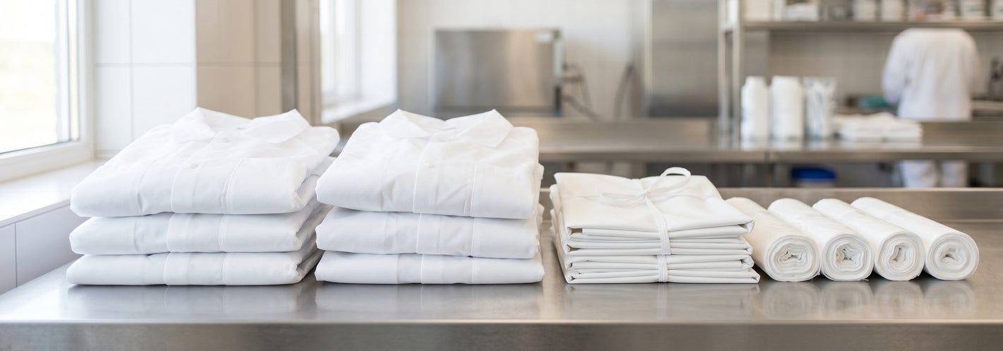 Clean white disposable lab coats, aprons and sleeve covers
