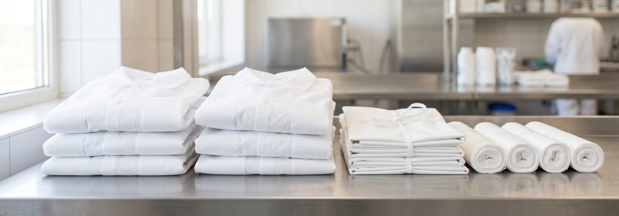 Clean white disposable lab coats, aprons and sleeve covers