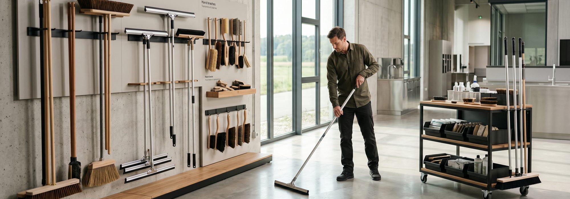 Squeegees, brooms and brushes on a clean facility wall display