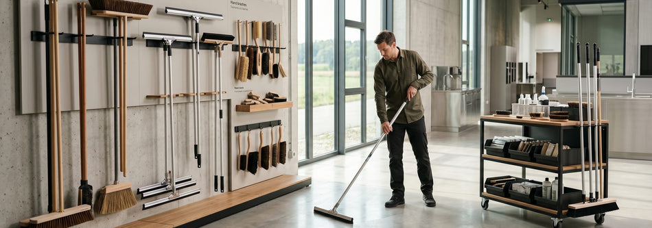 Squeegees, brooms and brushes on a clean facility wall display