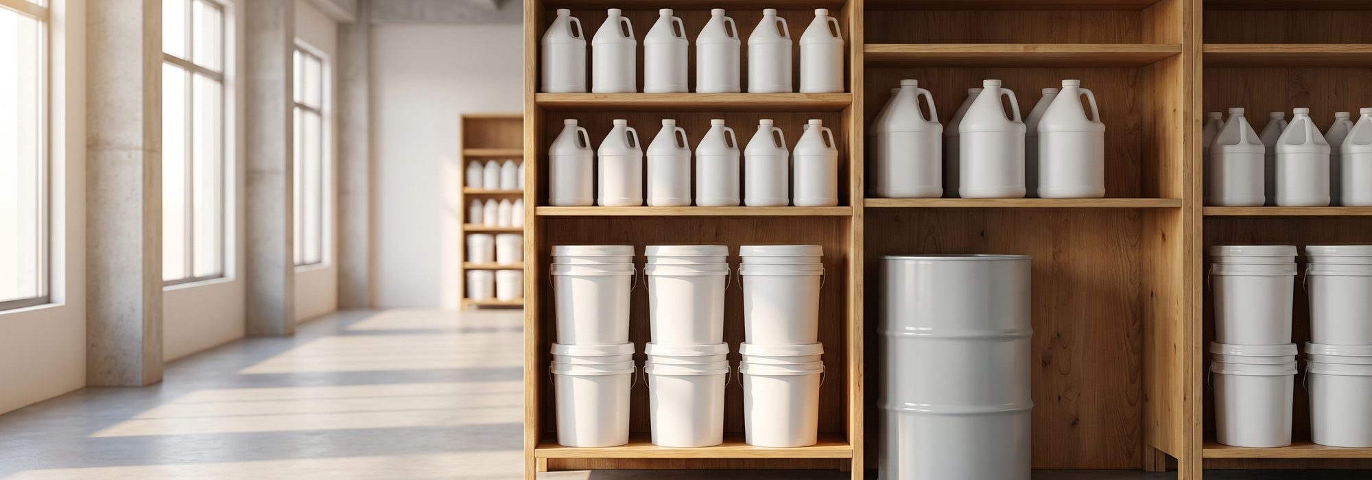 Plain unbranded white industrial-chemical jugs, pails and a steel drum on bright warehouse shelving