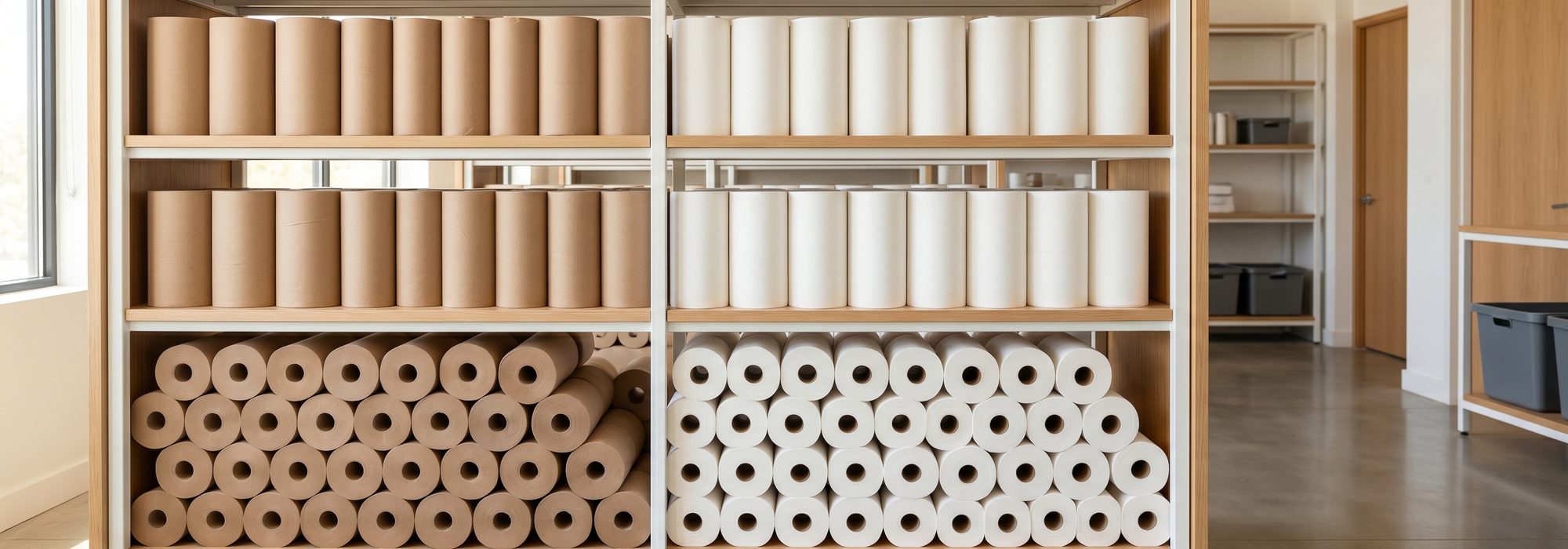 Stacked rolls of plain brown and white industrial paper towels on clean shelving