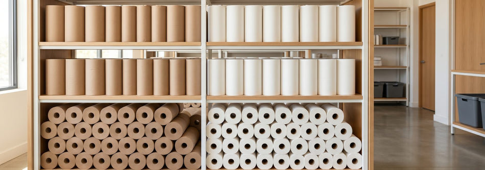 Stacked rolls of plain brown and white industrial paper towels on clean shelving