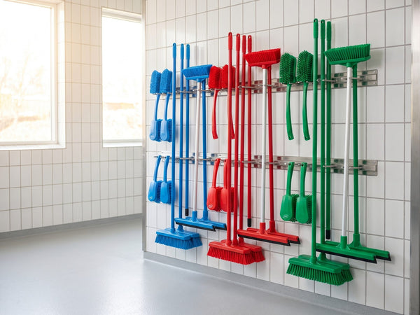Color-coded Vikan brushes, brooms and squeegees on a wall rack