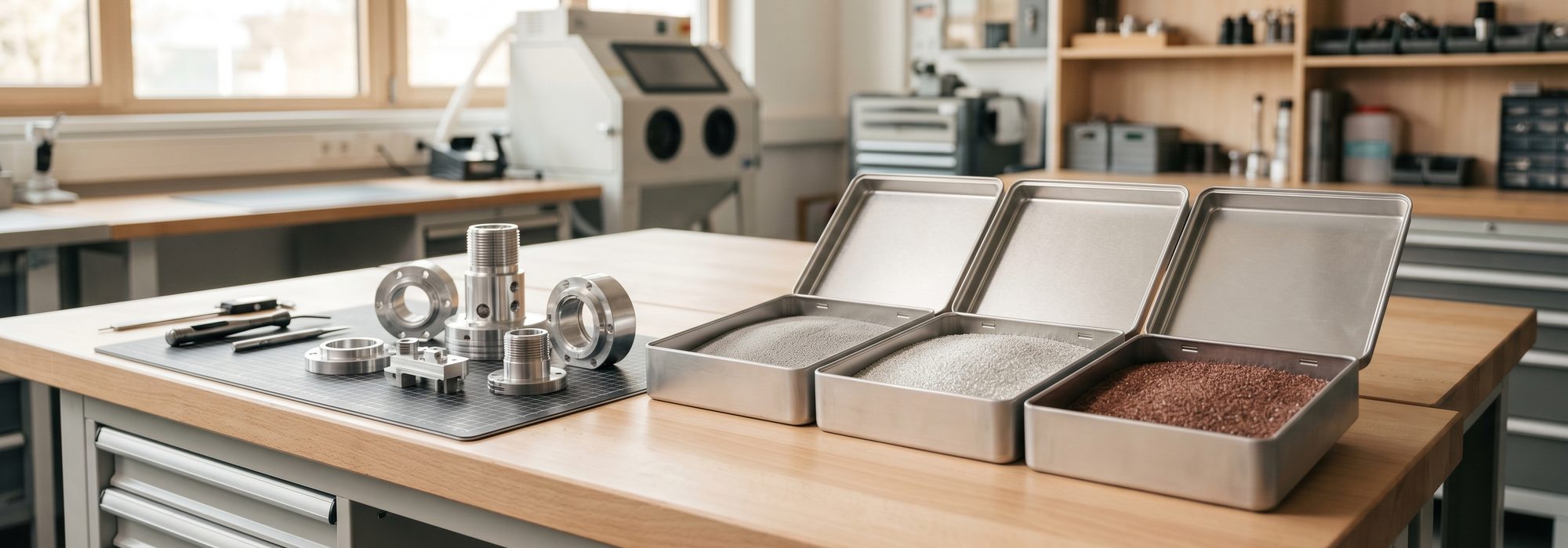 Trays of abrasive blasting media and precision metal parts on an industrial workbench