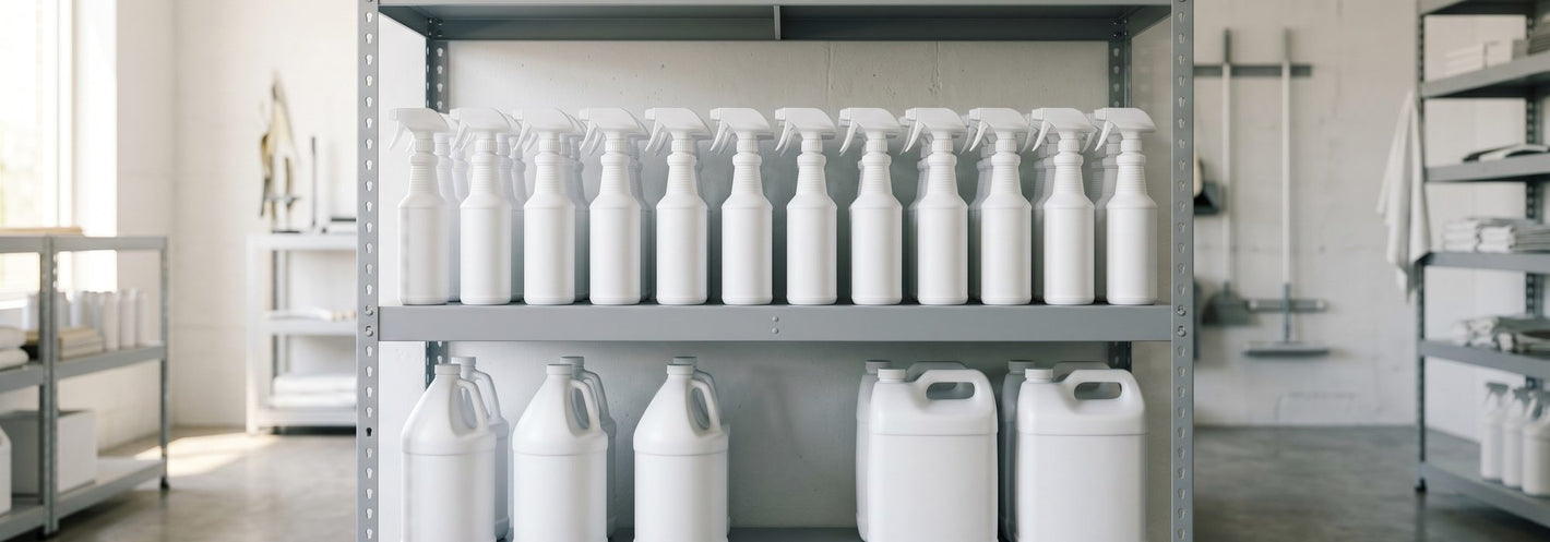 Plain white spray bottles and jugs of janitorial cleaning chemicals on a supply shelf