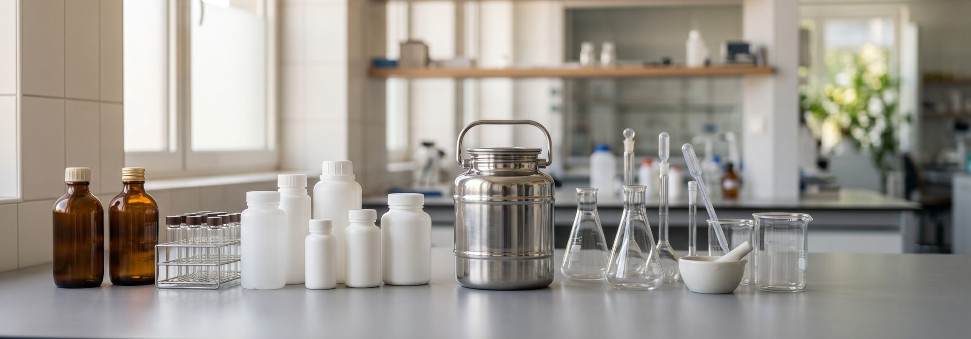 Amber and white specialty-chemistry bottles and a steel drum on a clean lab bench