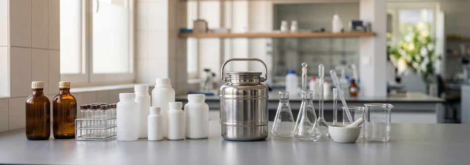 Amber and white specialty-chemistry bottles and a steel drum on a clean lab bench