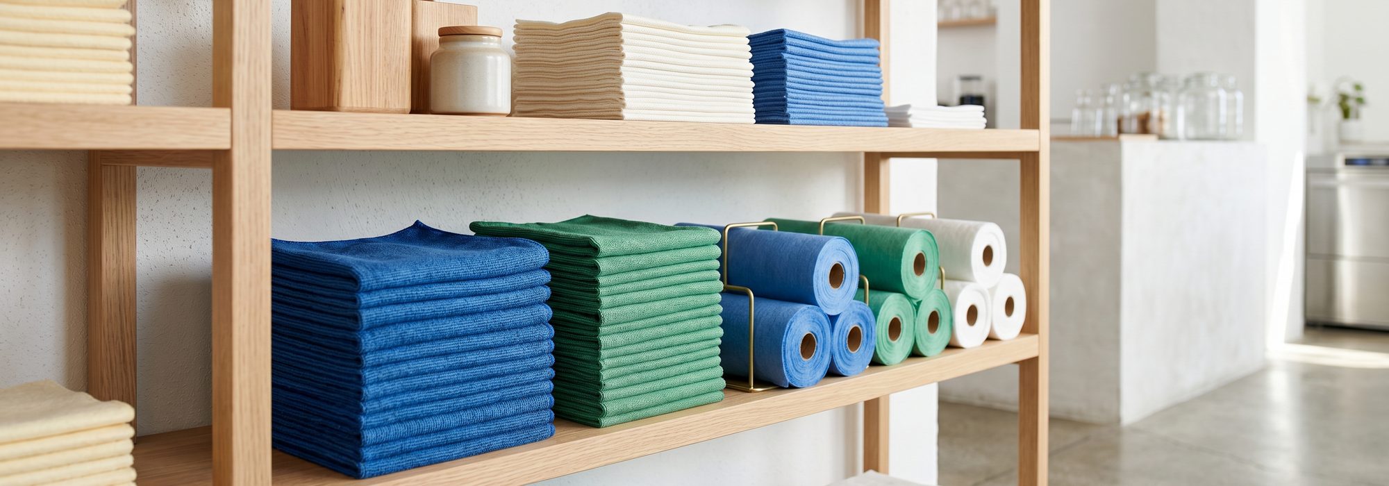 Folded and rolled professional cleaning wipers in food-safe colors on bright shelving