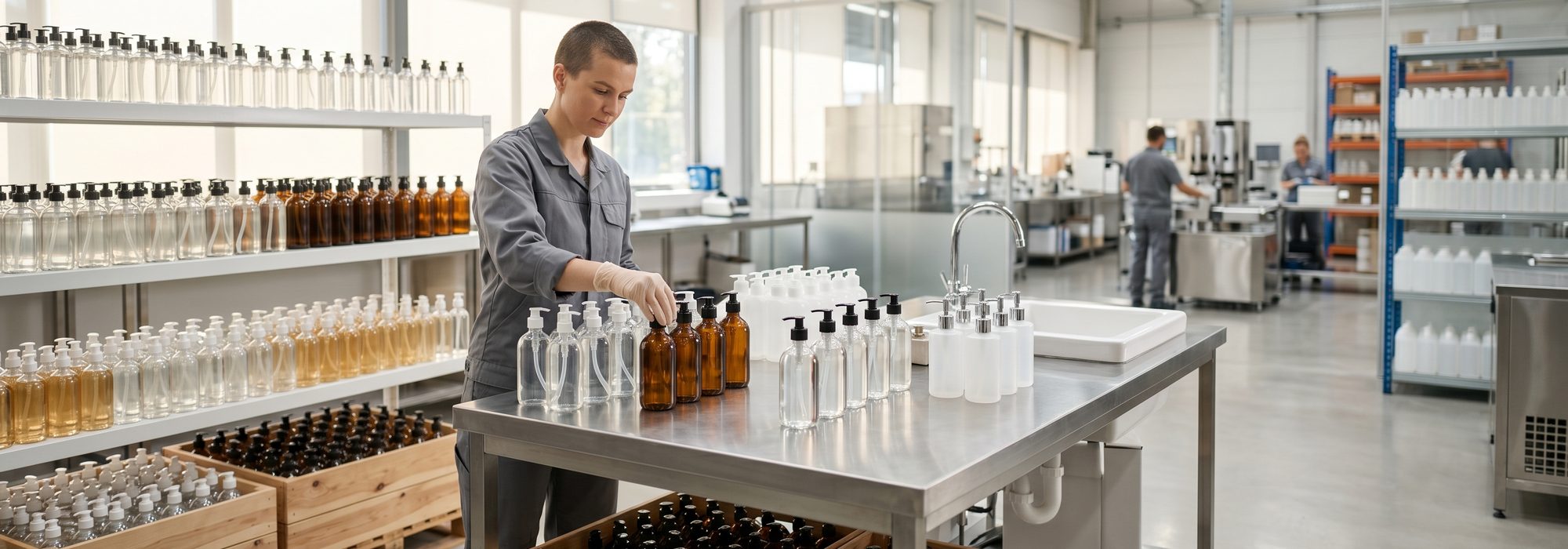 Sanitizer and disinfectant bottles on a clean facility shelf