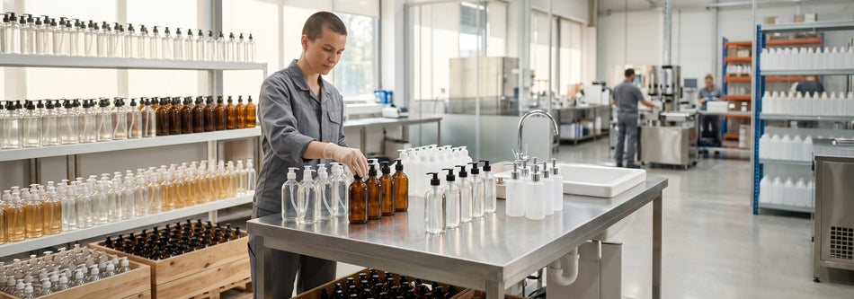 Sanitizer and disinfectant bottles on a clean facility shelf