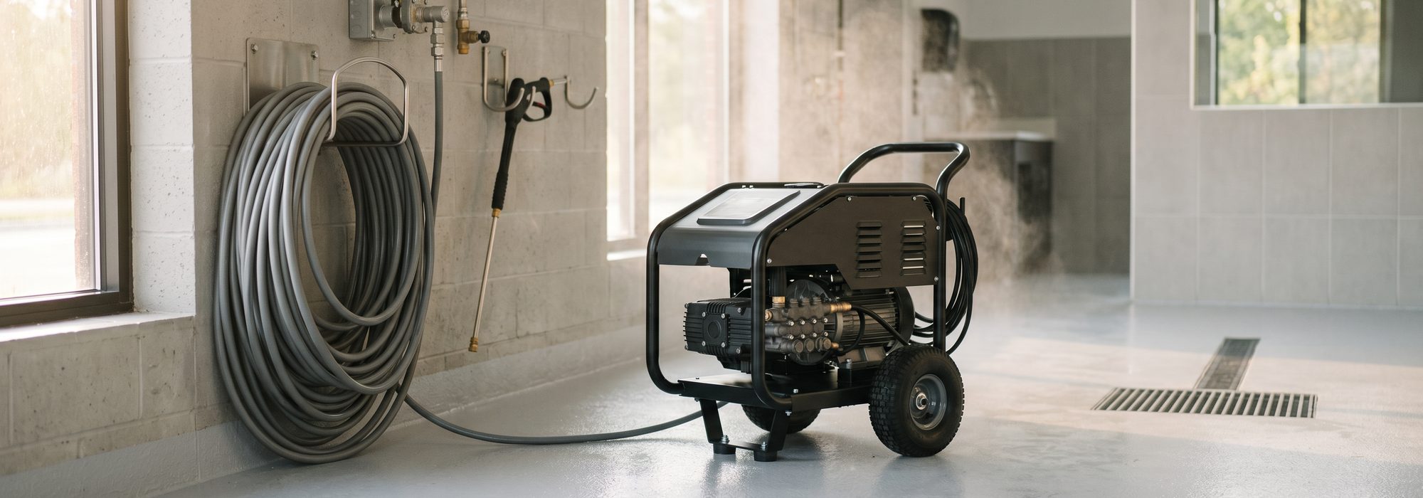 Industrial pressure washer with a coiled hose in a clean washdown bay