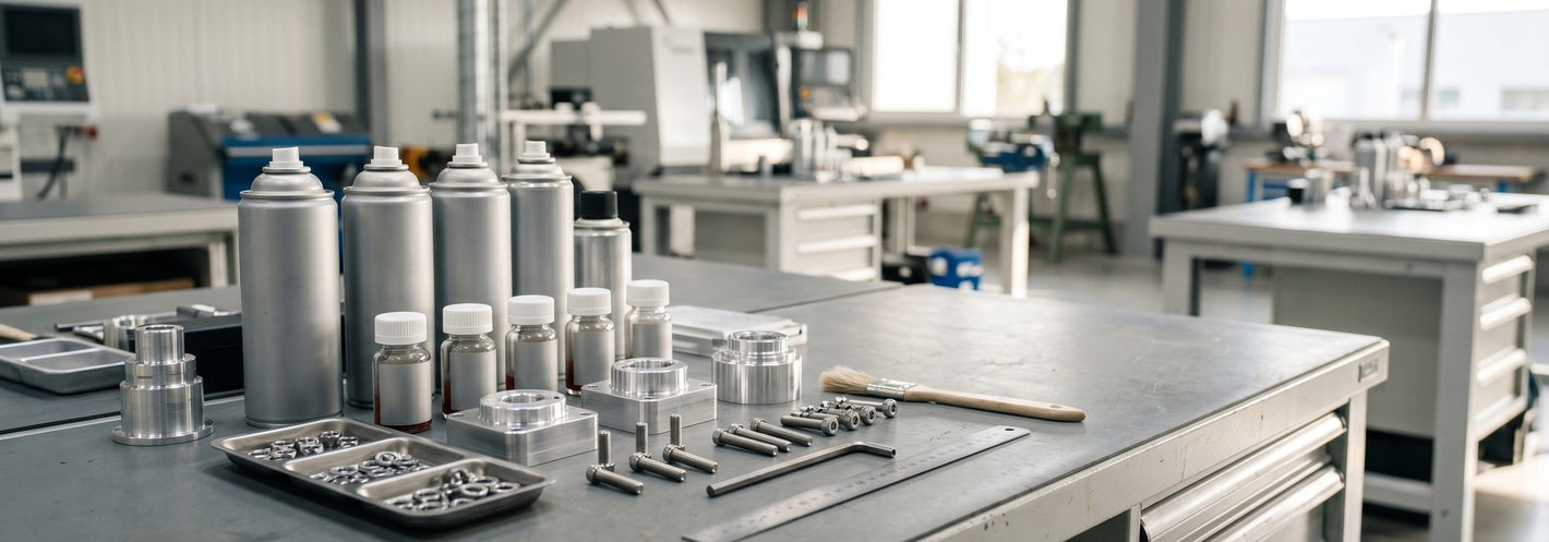 Aerosol cans and bottles of dry-film lubricant and thread-locker with precision fasteners