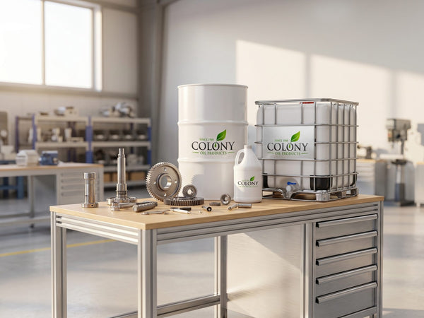 Colony Products drum, IBC tote and jug on a clean industrial workbench