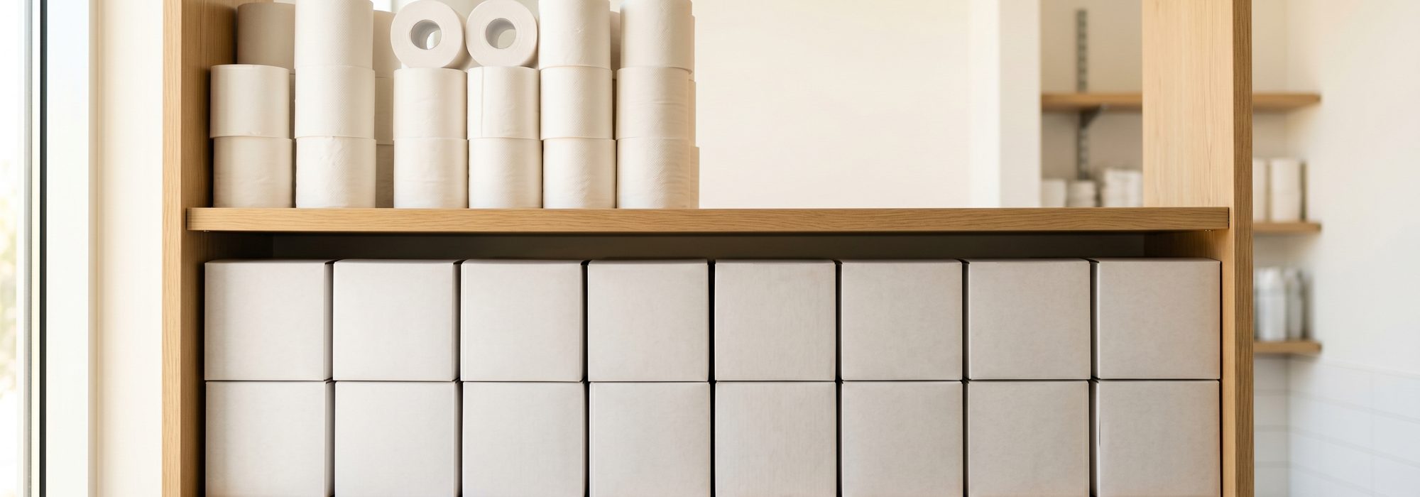 Plain commercial toilet paper rolls and boxed seat covers on restroom-supply shelving