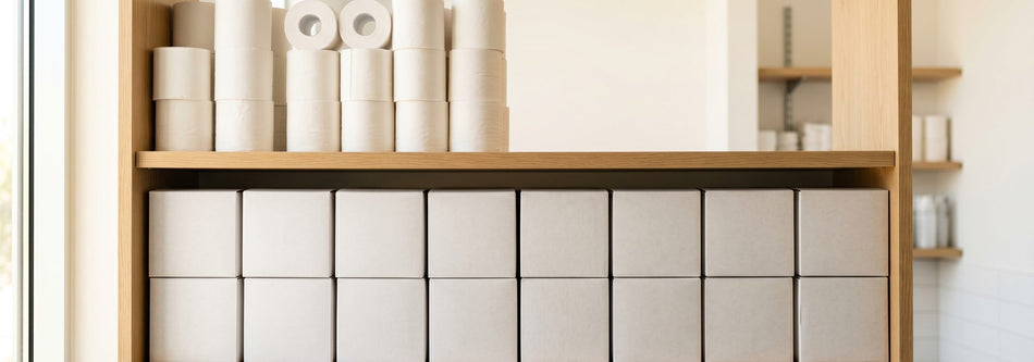 Plain commercial toilet paper rolls and boxed seat covers on restroom-supply shelving