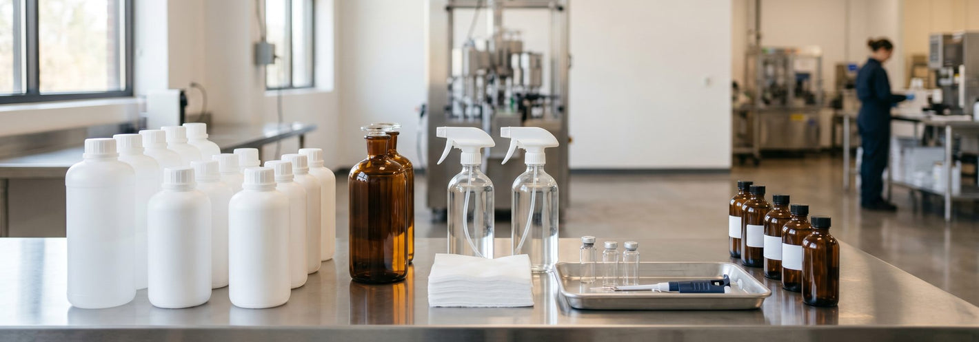 Acetone and IPA solvent bottles in a bright lab