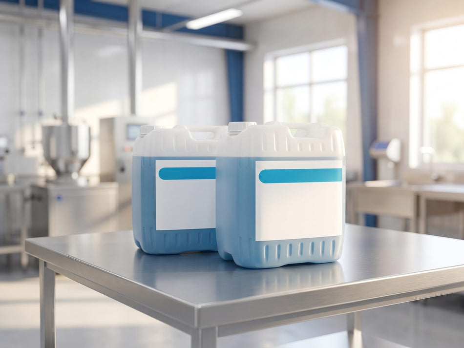 Sterilex sanitizer and disinfectant containers on stainless steel in a clean food plant
