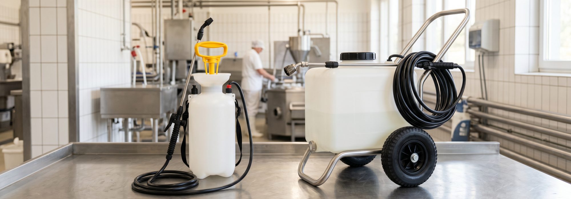 Pump-up and wheeled foaming chemical sprayers on a clean stainless surface