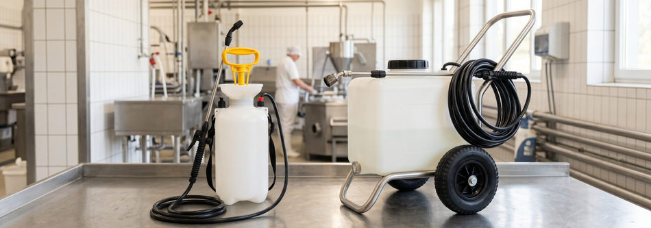 Pump-up and wheeled foaming chemical sprayers on a clean stainless surface