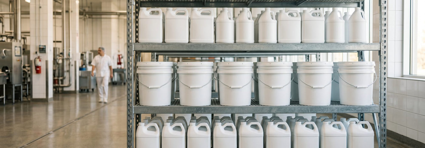Plain white industrial-chemical jugs and pails for chlorinated degreasers on bright facility shelving