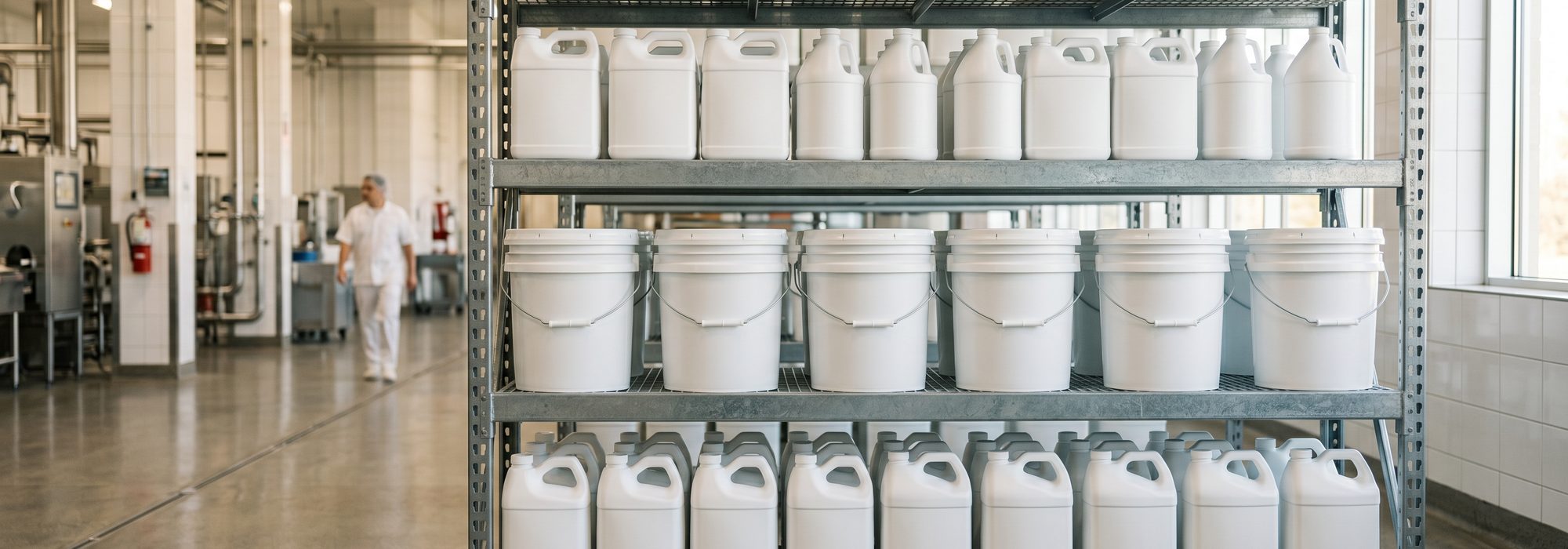 Plain white industrial-chemical jugs and pails for chlorinated degreasers on bright facility shelving