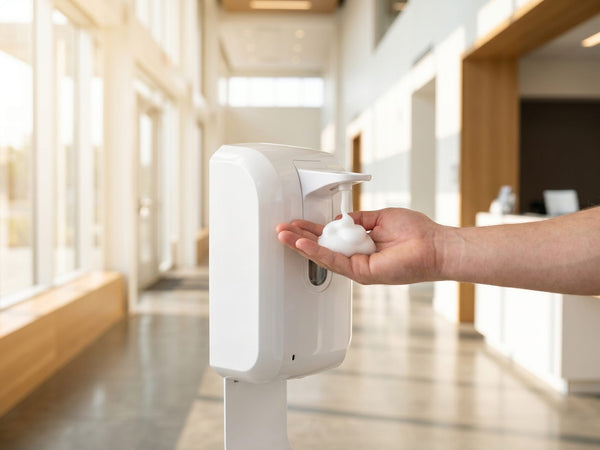 Wall-mounted foaming hand-sanitizer dispenser dispensing foam into a hand