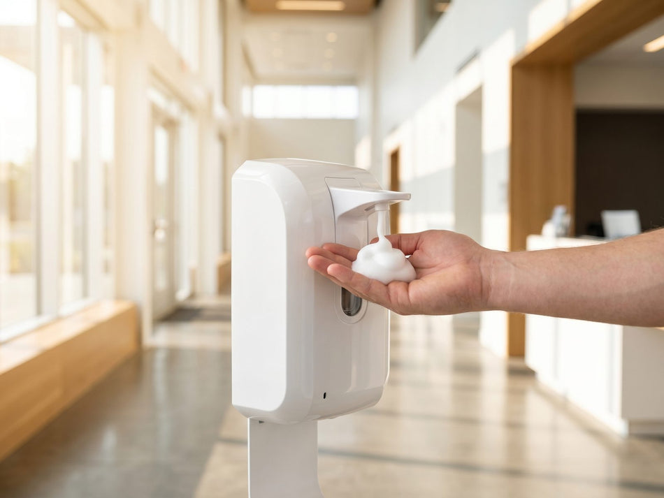 Wall-mounted foaming hand-sanitizer dispenser dispensing foam into a hand