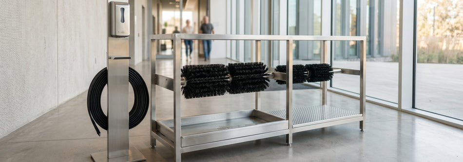 Stainless footwear sanitizing station with boot-scrub brushes at a facility entry
