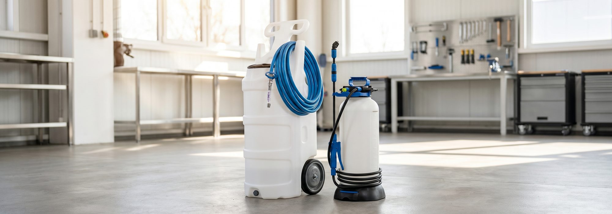 White foamer unit with blue hose in a bright industrial bay