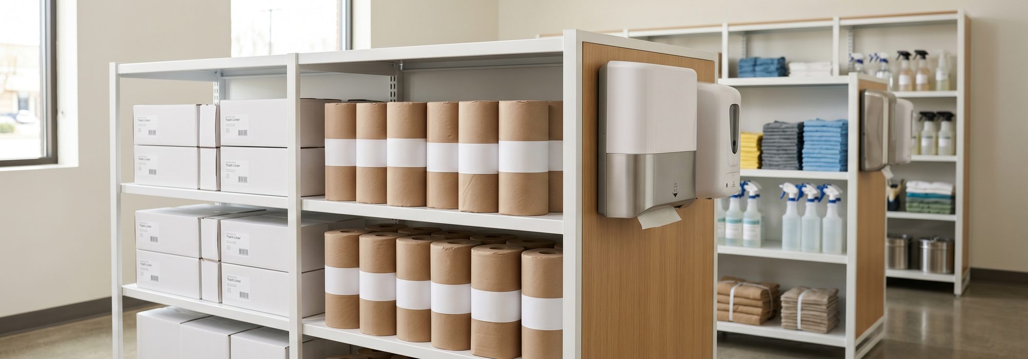 Neatly stacked janitorial supplies on clean shelving in a supply room