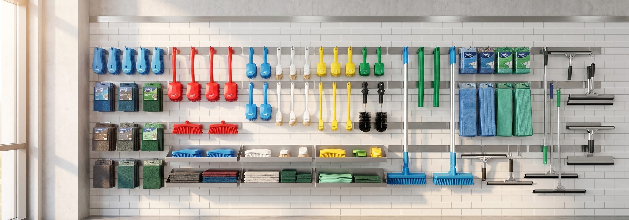 Color-coded brushes, squeegees and pads on a sanitation-tool wall display