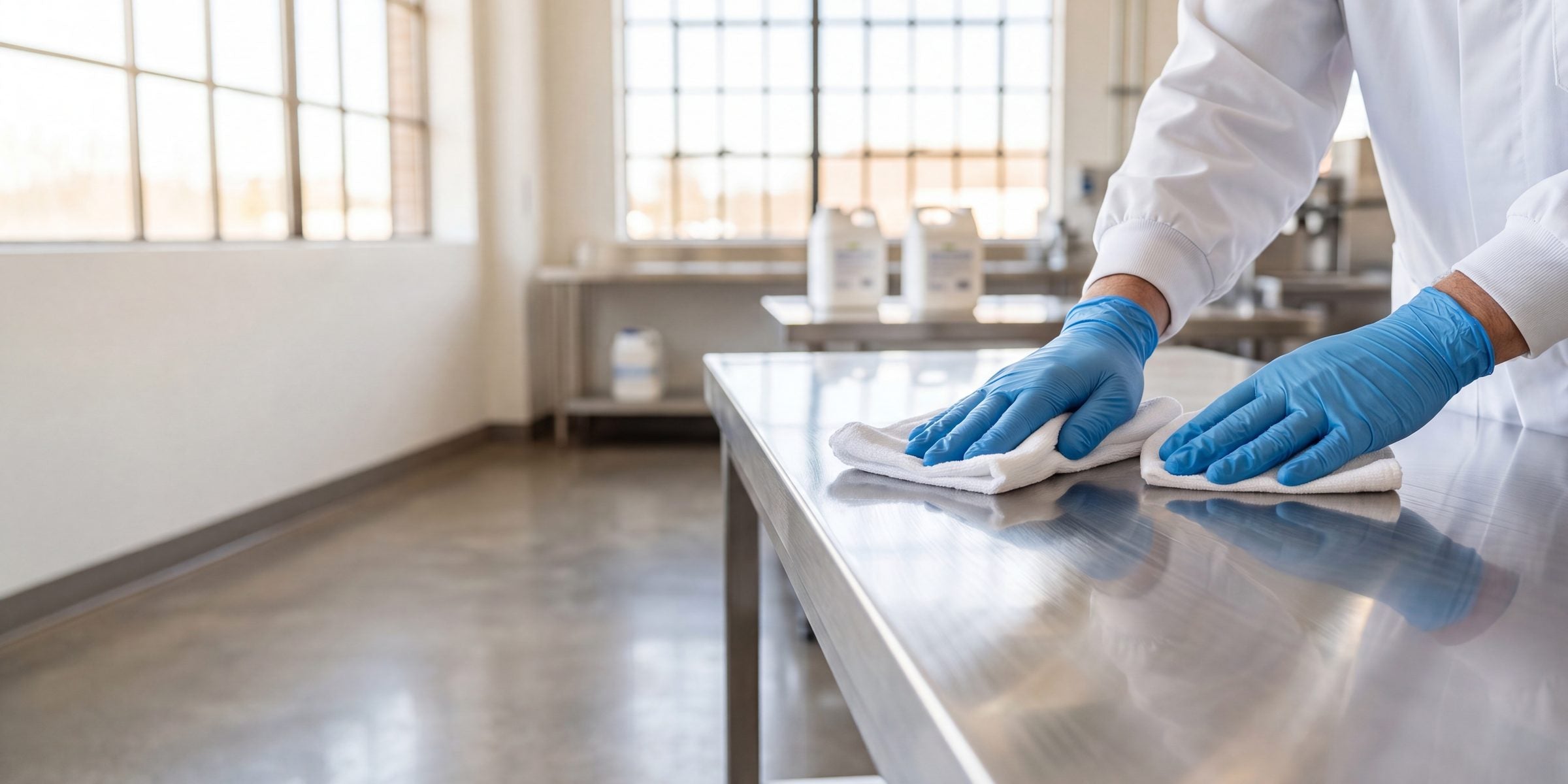 Hands in blue nitrile gloves wiping a stainless food-processing surface
