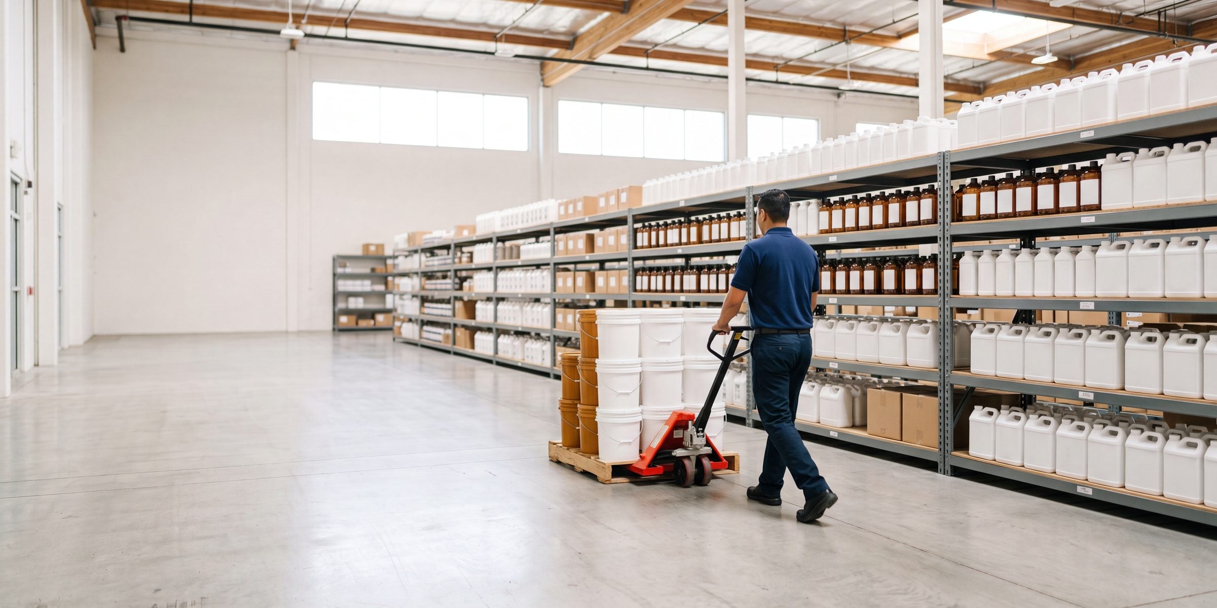Worker moving a pallet jack in a clean industrial-supply warehouse